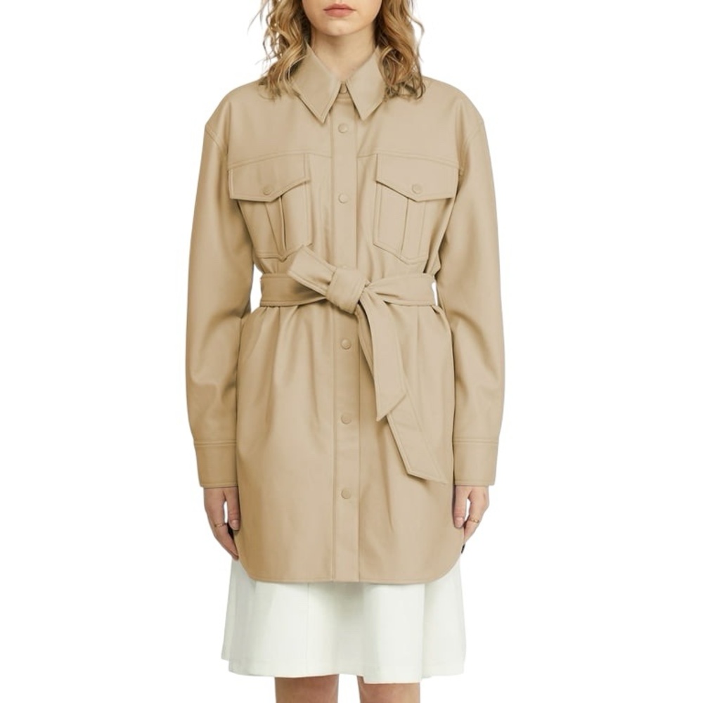 NVLT Vegan Leather Belted Shacket Oatmeal Nude Snap Front Jacket Coat Size Small